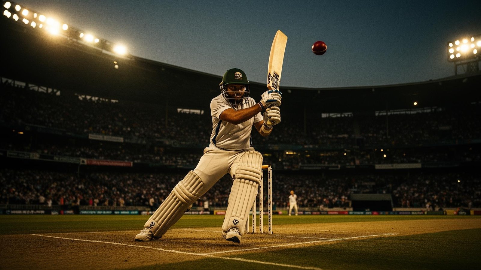 Cricket batter playing a front-foot drive under stadium floodlights